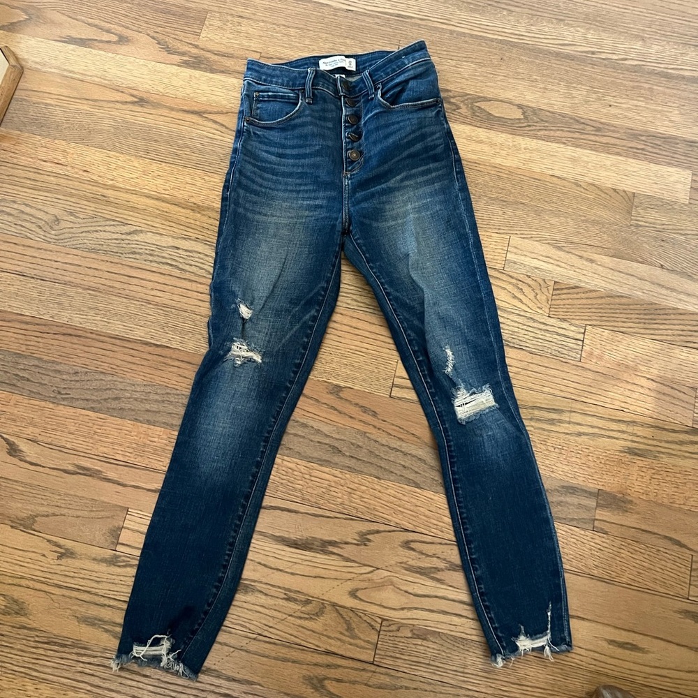 Abercrombie & Fitch High Rise Distressed Dark Blue Jeans